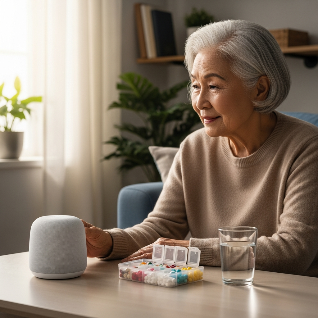 An elderly woman listening to a smart speaker on a table next to a pill organizer and a glass of water.
