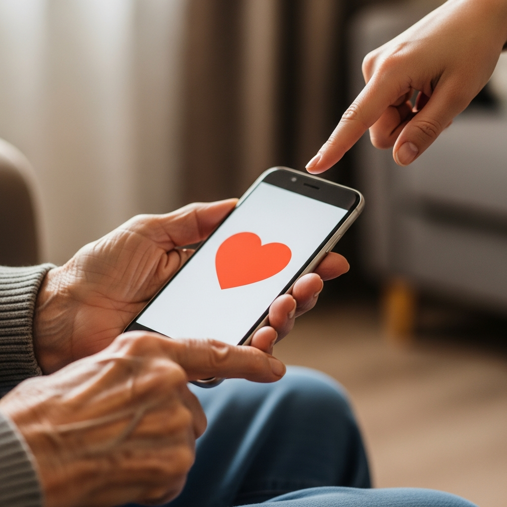 Close-up of an elderly person's hands holding a smartphone with a health icon, being guided by a caregiver.