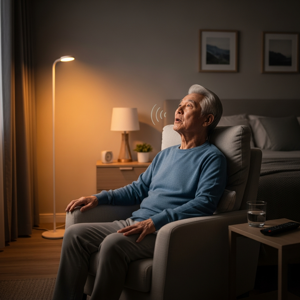 An elderly man sitting in an armchair using voice commands to control a smart lamp in a dim room.
