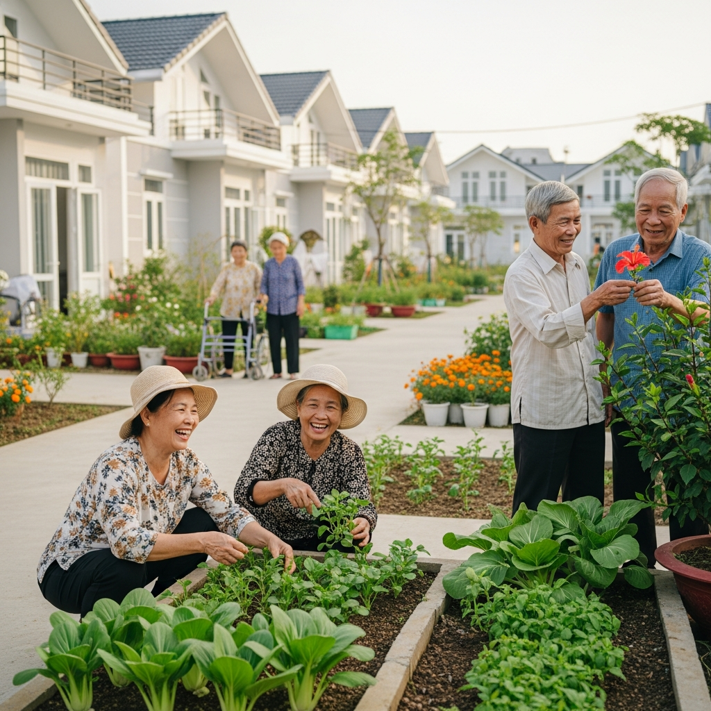 Một nhóm người cao tuổi đang cùng nhau làm vườn và trò chuyện vui vẻ trong khu vườn chung của một khu nhà ở cộng đồng, minh họa cho thiết kế ưu tiên tương tác.
