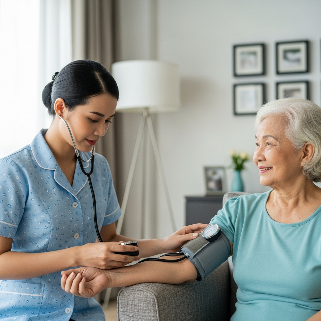 Nữ điều dưỡng đang ân cần đo huyết áp cho một cụ bà tại khu nhà ở cộng đồng, thể hiện sự chăm sóc sức khỏe định kỳ và chuyên nghiệp.