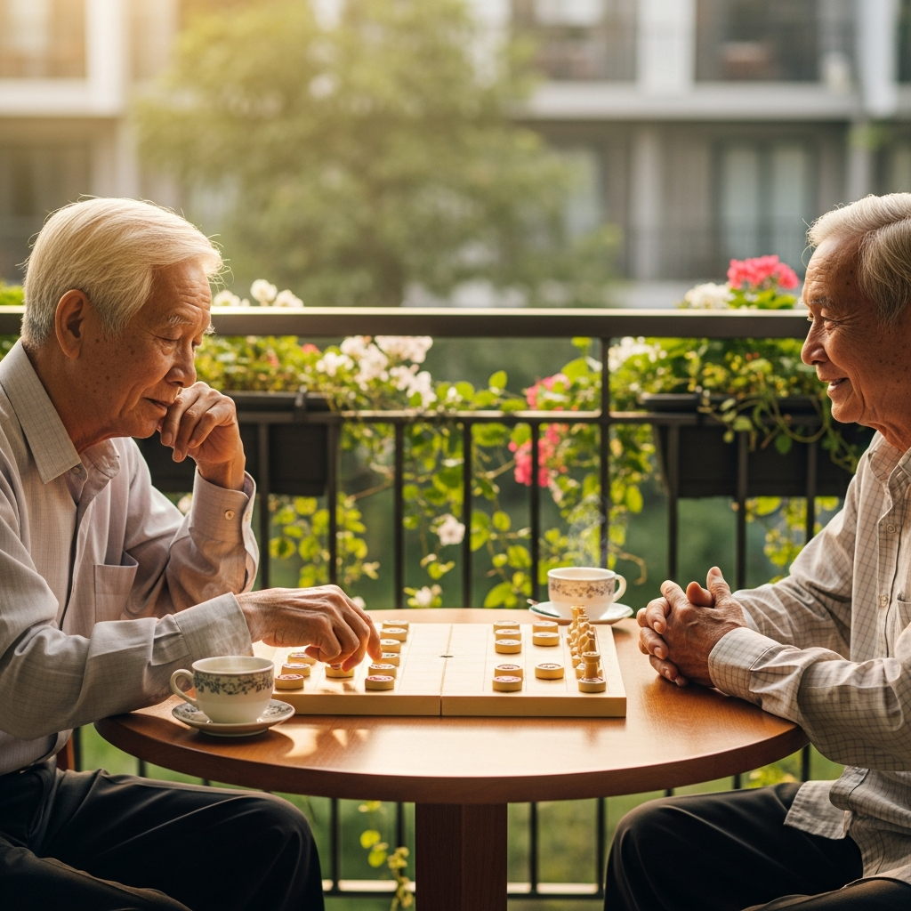 Two elderly Vietnamese men smiling while playing a game of Chinese chess together at a table on a sunny balcony in their retirement community.