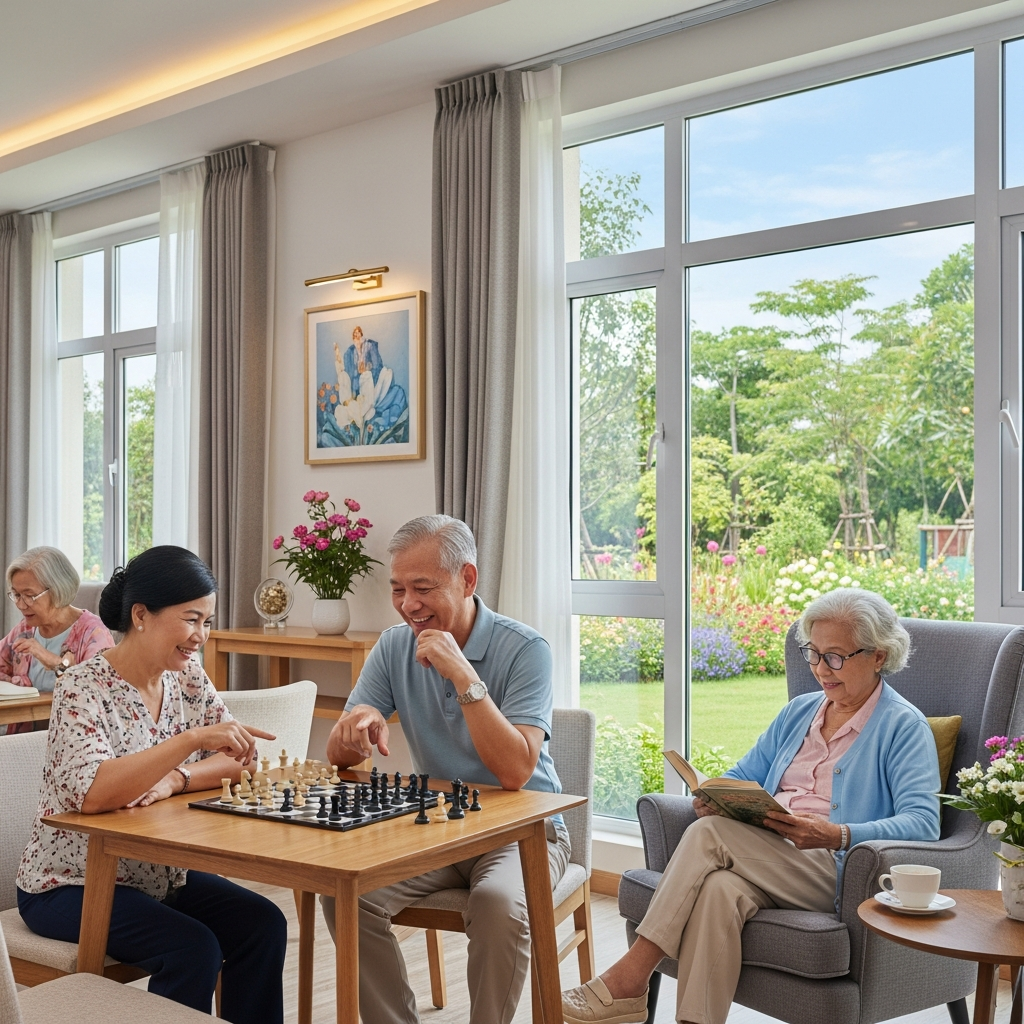 A group of elderly Vietnamese residents socializing and relaxing in the sunlit community lounge of a modern retirement village.