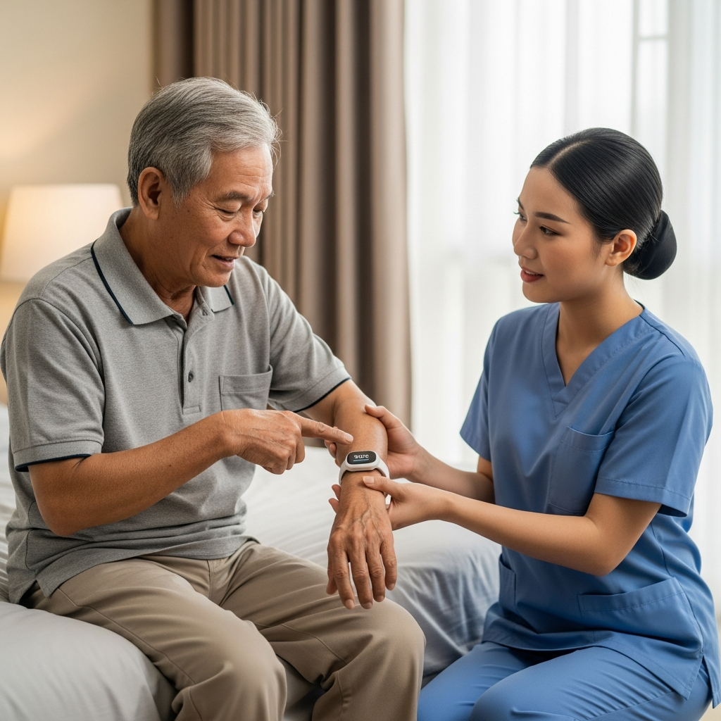 Điều dưỡng viên có mặt kịp thời để hỗ trợ một cụ ông vừa sử dụng nút bấm khẩn cấp SOS, cho thấy hệ thống ứng phó nhanh chóng tại nhà ở cộng đồng.