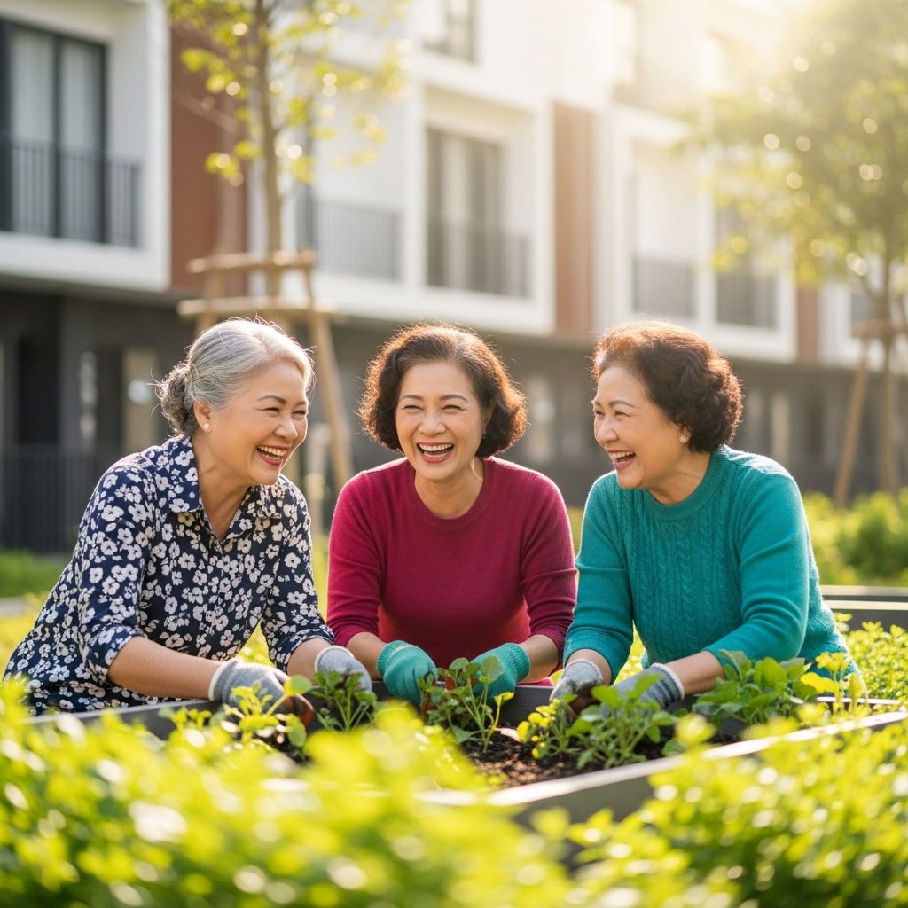 Một nhóm người cao tuổi năng động và vui vẻ đang cùng nhau làm vườn trong khuôn viên của một nhà ở cộng đồng hiện đại, thể hiện một cuộc sống độc lập và giàu tương tác xã hội.