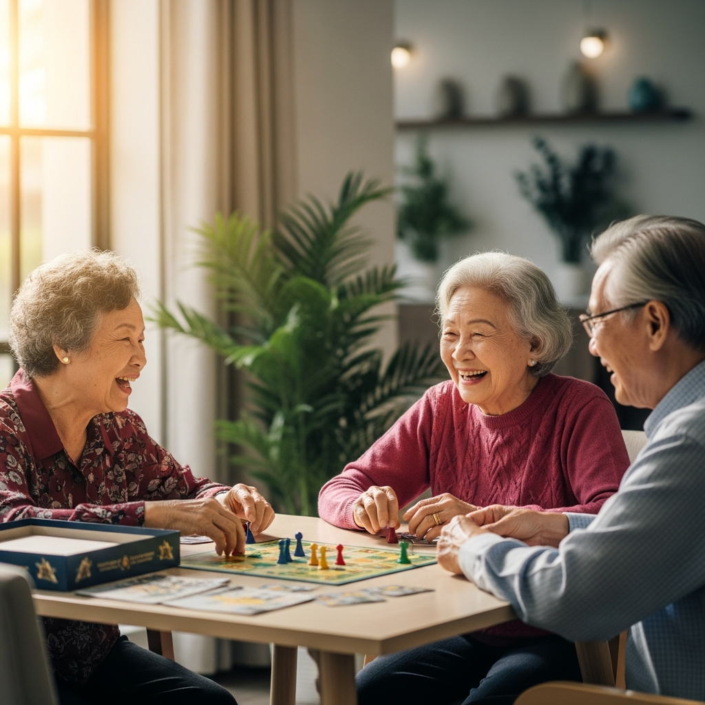 Một nhóm người cao tuổi đang vui vẻ chơi cờ tướng cùng nhau trong không gian sinh hoạt chung tại một làng hưu trí, thể hiện đời sống tinh thần phong phú và sự kết nối xã hội.