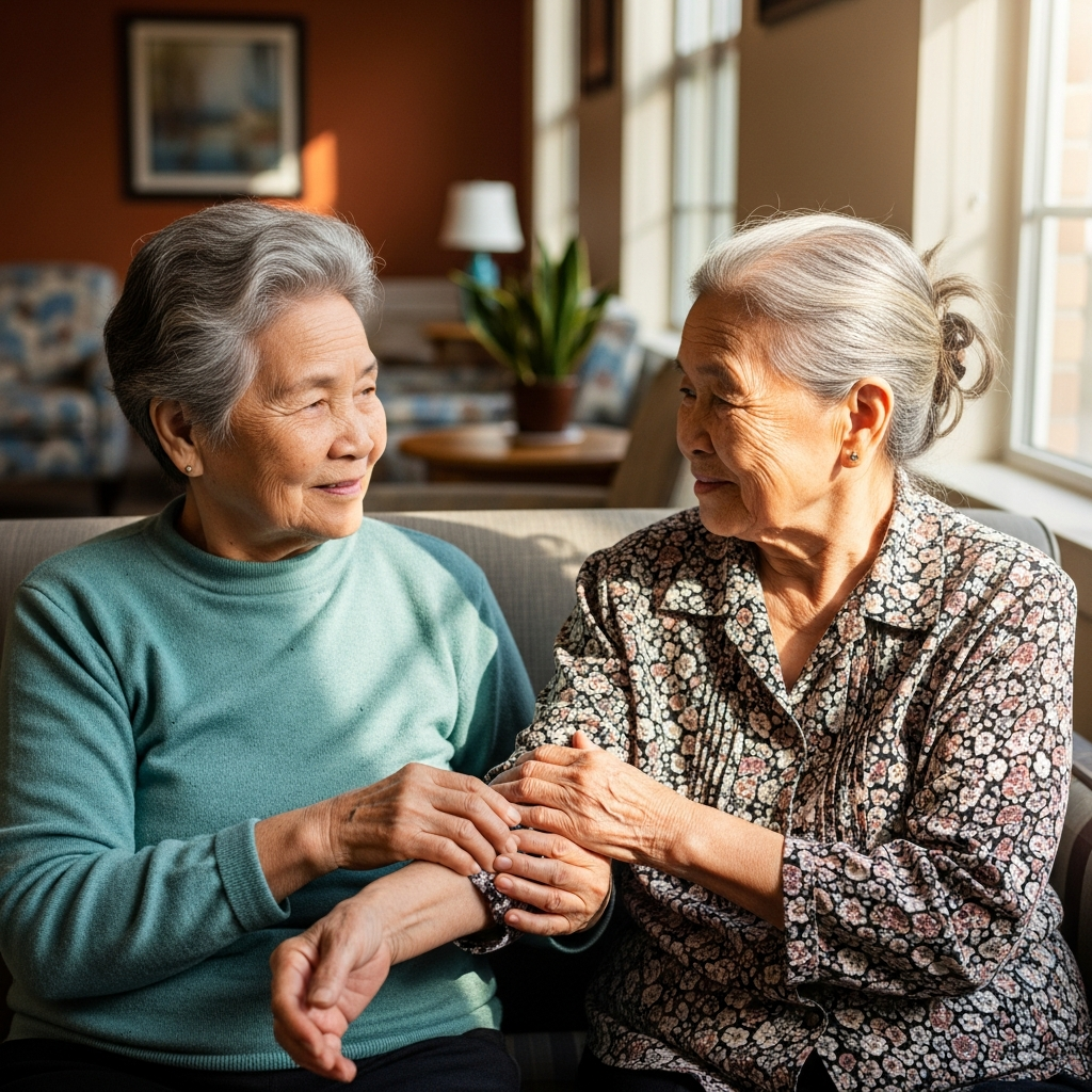 Hai người bạn già đang ngồi trò chuyện thân mật, thể hiện sự kết nối xã hội và hỗ trợ tinh thần giúp chống lại sự cô đơn trong mô hình nhà ở cộng đồng.