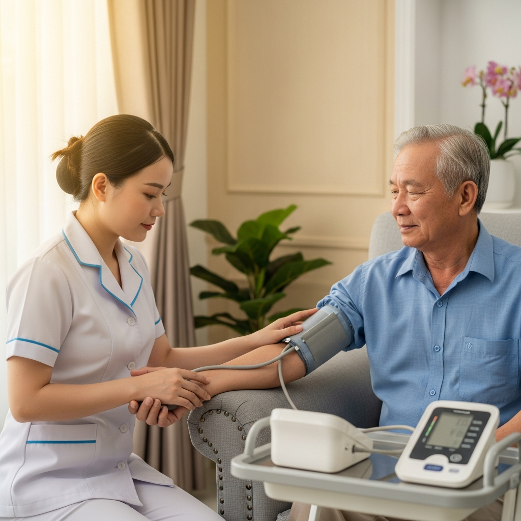 A compassionate Vietnamese nurse performing a routine health check-up on an elderly resident in a comfortable room, demonstrating the medical support available.