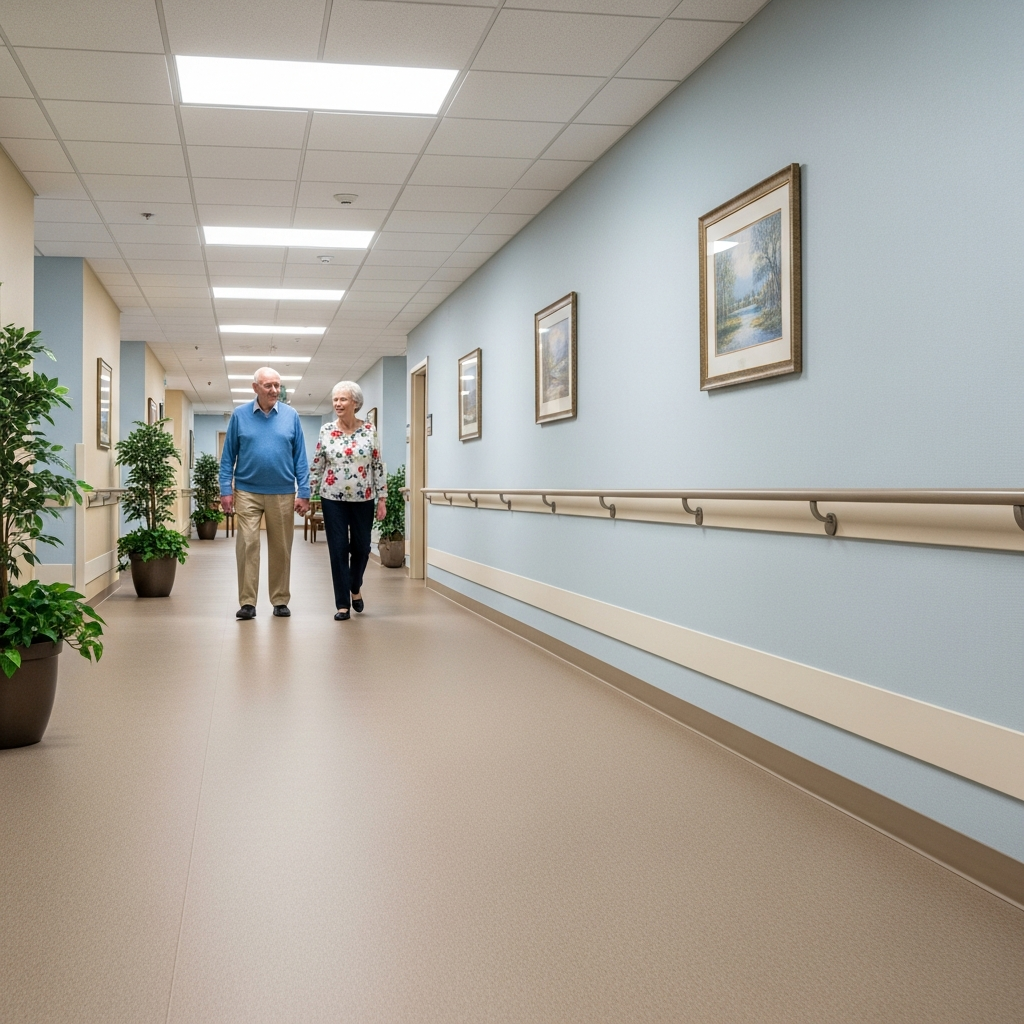 Hành lang rộng rãi, an toàn tại khu nhà ở cộng đồng với sàn chống trượt và tay vịn chắc chắn, đảm bảo an toàn di chuyển cho người cao tuổi.