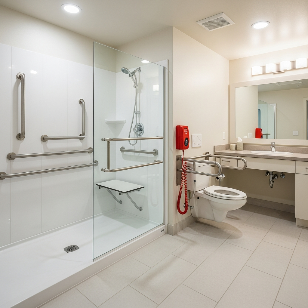 Một phòng tắm hiện đại, an toàn trong nhà ở cộng đồng được trang bị tay vịn, sàn chống trơn trượt và nút gọi khẩn cấp, minh họa cho cơ sở vật chất được thiết kế cho người cao tuổi.