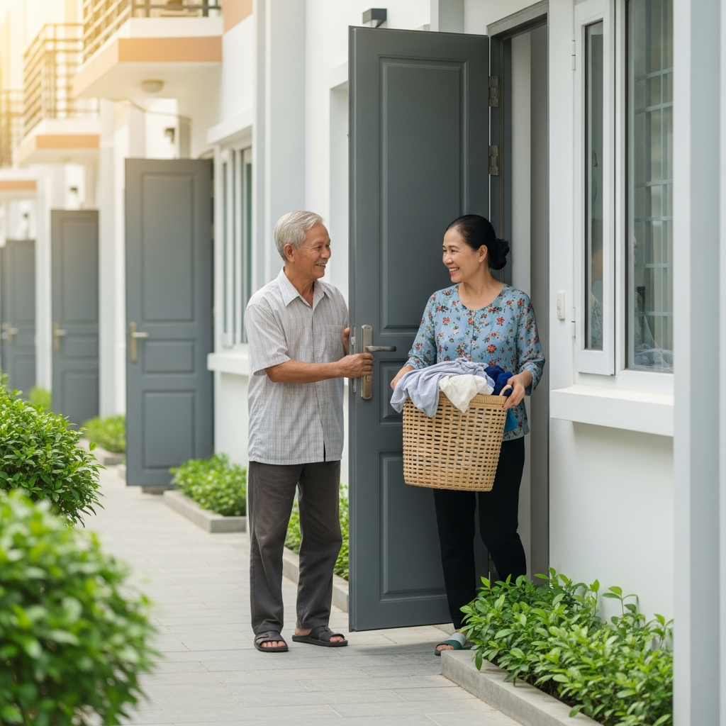 Một người hàng xóm đang giúp đỡ một bà cụ mở cửa, minh họa cho sự hỗ trợ lẫn nhau và môi trường sống an toàn trong cộng đồng co-housing.