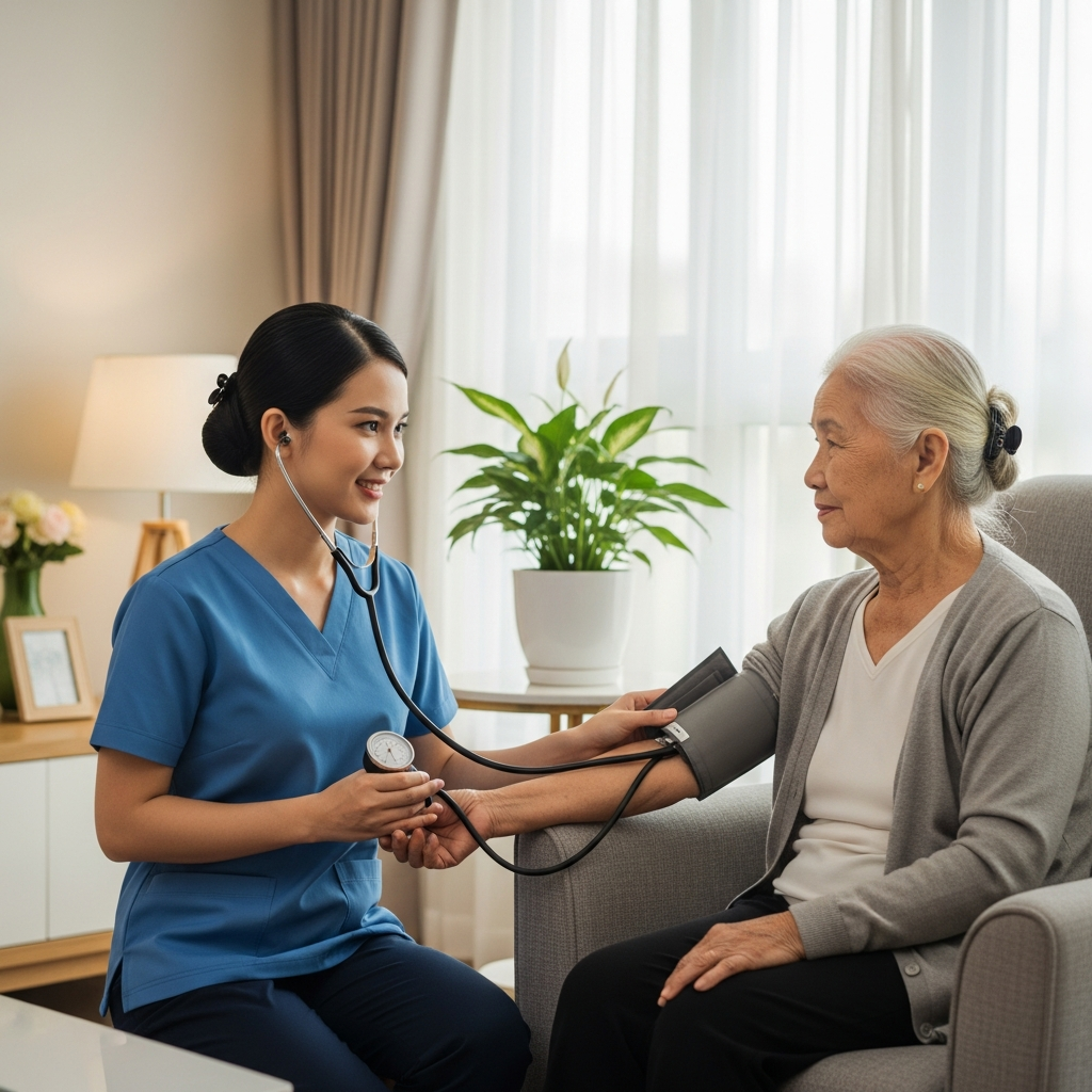 A caring female nurse gently checking the blood pressure of a calm elderly woman in her comfortable and modern retirement community apartment.