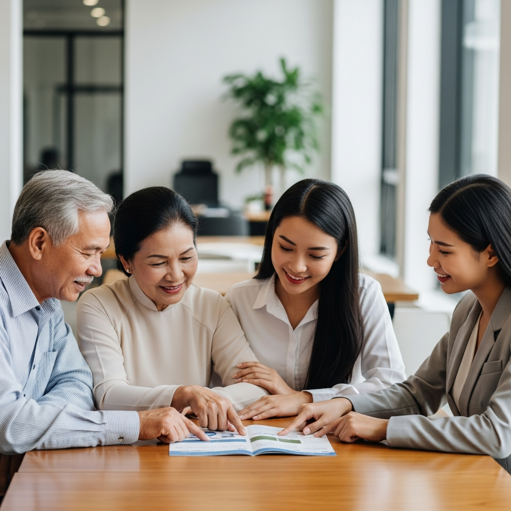 A family consisting of an elderly couple and their adult daughter discussing financial planning with a consultant for retirement living.