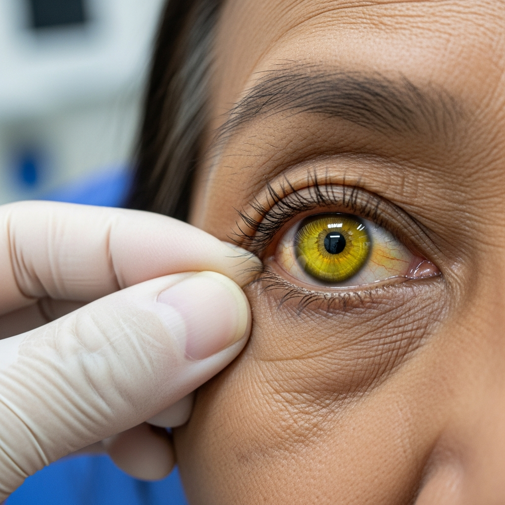 Cận cảnh lòng trắng mắt của người cao tuổi có màu vàng, dấu hiệu vàng da do bệnh gan.