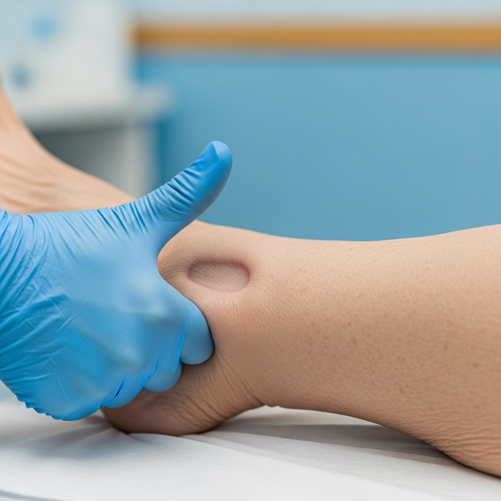 Bác sĩ kiểm tra tình trạng phù ấn lõm ở mắt cá chân của bệnh nhân cao tuổi, một triệu chứng của bệnh gan.