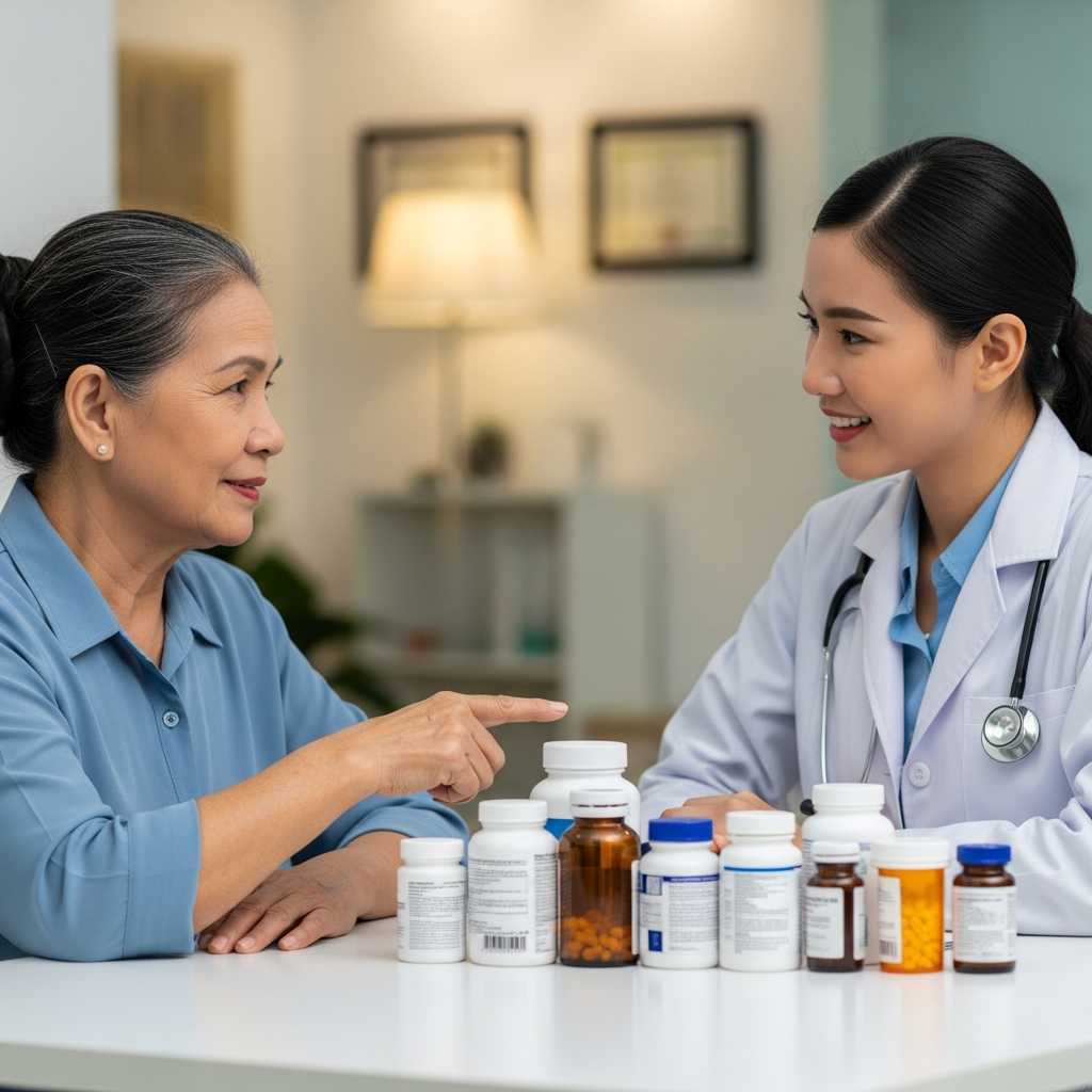 Một bác sĩ đang tư vấn cẩn thận cho một bệnh nhân nữ lớn tuổi về các loại thuốc bà đang sử dụng, nhấn mạnh tầm quan trọng của việc dùng thuốc an toàn.