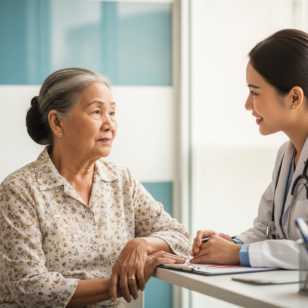 Một phụ nữ cao tuổi đang được bác sĩ tư vấn về các triệu chứng sức khỏe đáng lo ngại.