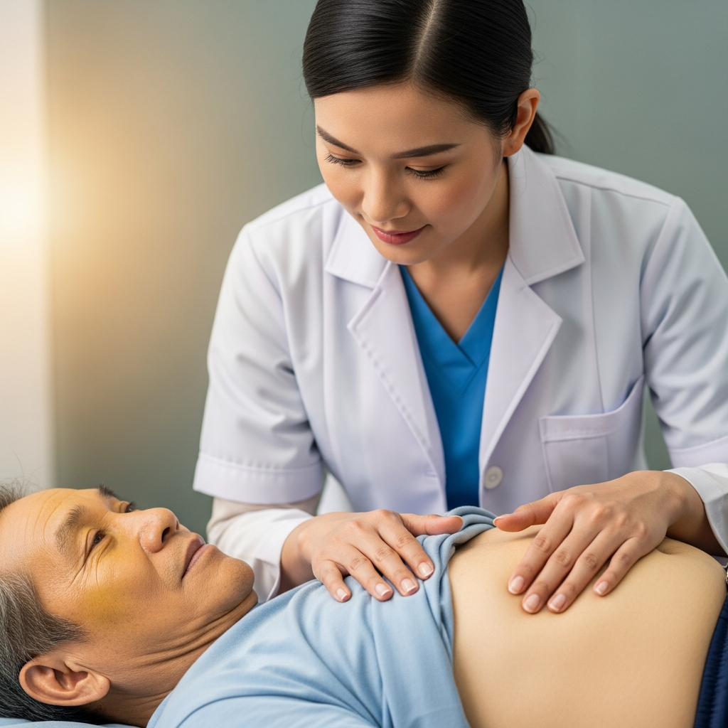 Bác sĩ đang nhẹ nhàng thăm khám cho một bệnh nhân cao tuổi có các dấu hiệu của xơ gan giai đoạn muộn như cổ trướng và vàng da, thể hiện sự chăm sóc y tế chuyên nghiệp và tận tâm.