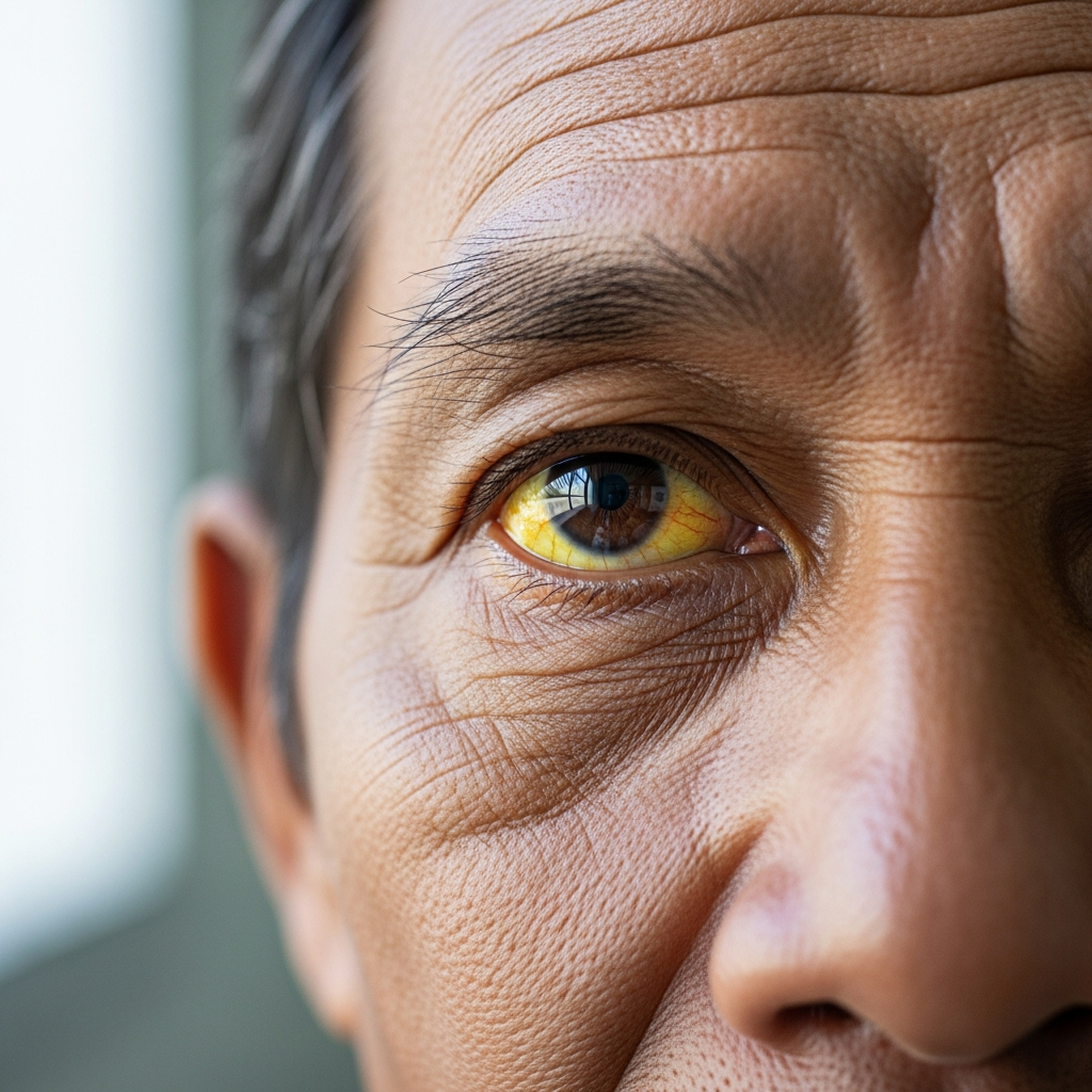 Ảnh cận cảnh đôi mắt của một người đàn ông lớn tuổi, cho thấy lòng trắng mắt có màu vàng rõ rệt, một triệu chứng của bệnh vàng da liên quan đến gan.