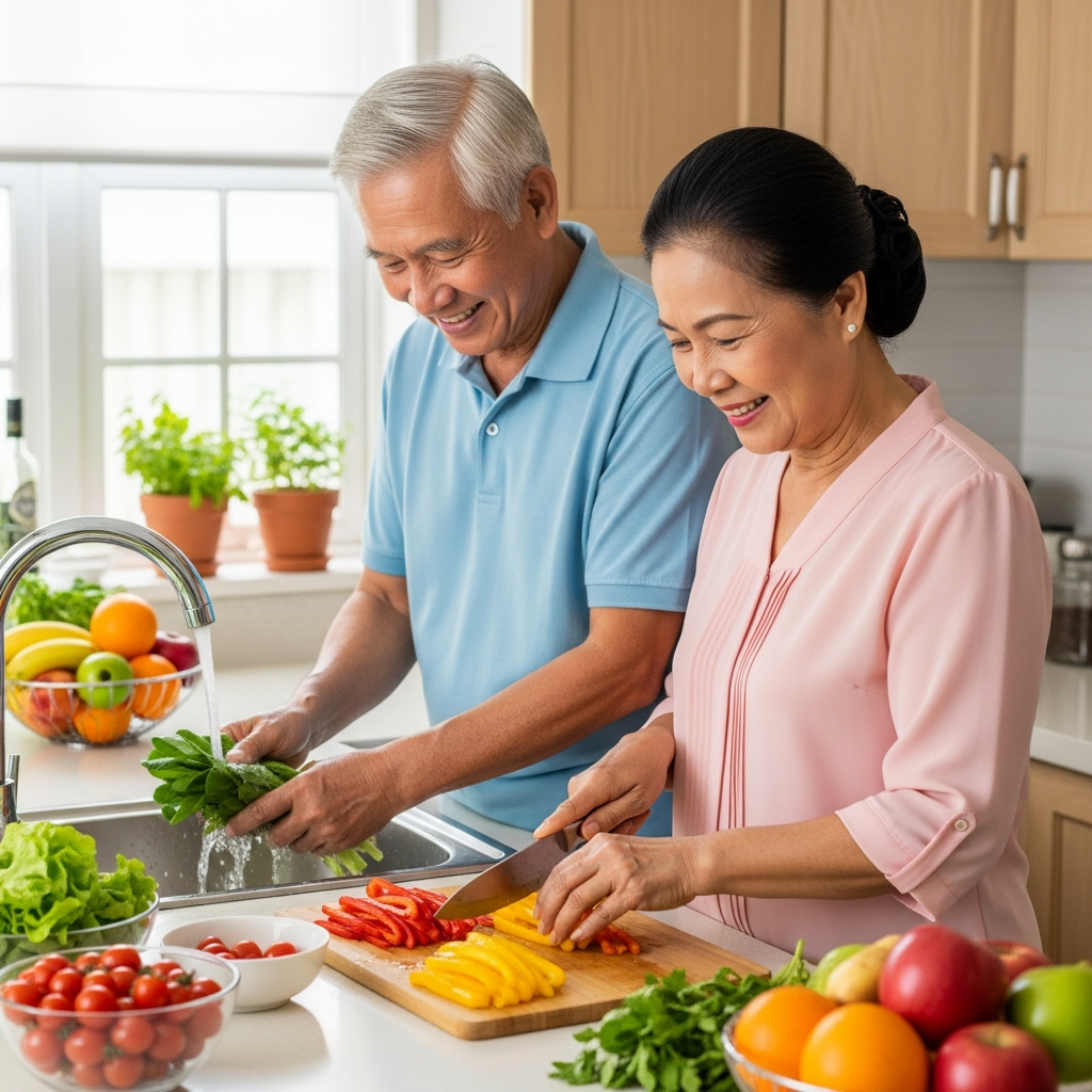 Một cặp vợ chồng lớn tuổi đang vui vẻ cùng nhau chuẩn bị một bữa ăn lành mạnh với nhiều rau củ tươi trong bếp, minh họa cho lối sống tích cực để bảo vệ gan.