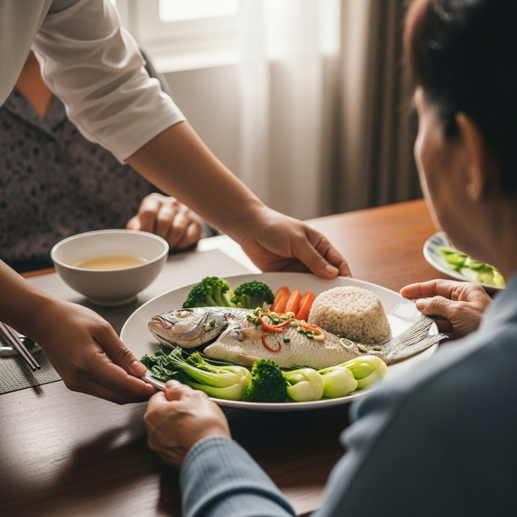 Một bữa ăn dinh dưỡng, ít muối, tốt cho người bệnh xơ gan, thể hiện vai trò quan trọng của gia đình trong việc quản lý chế độ ăn uống của bệnh nhân.