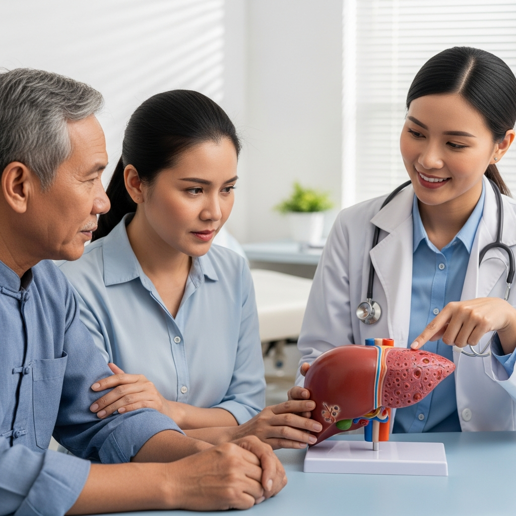 Bác sĩ đang giải thích các giai đoạn tiến triển của bệnh gan nhiễm mỡ cho một bệnh nhân cao tuổi và người nhà, sử dụng mô hình gan để minh họa.