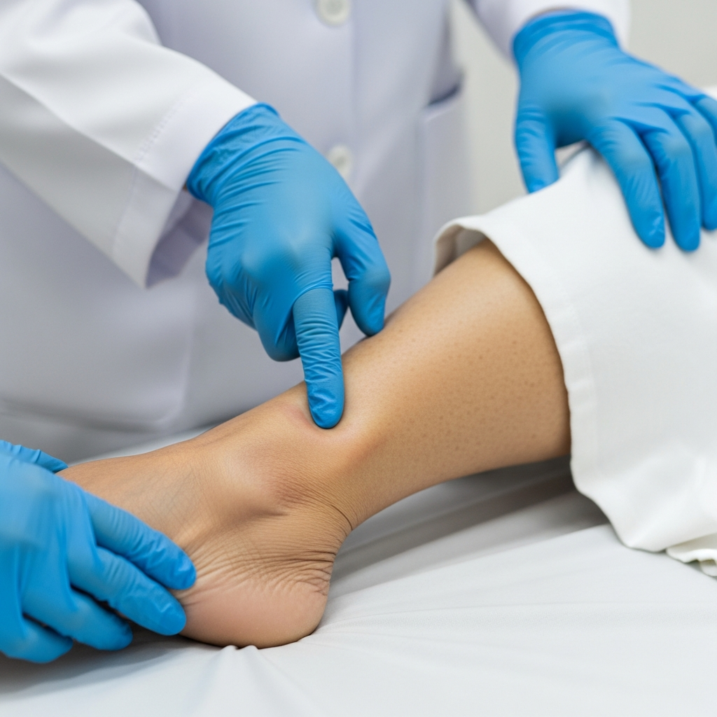 Bác sĩ đang kiểm tra mắt cá chân bị phù của bệnh nhân lớn tuổi, một triệu chứng phổ biến của bệnh gan giai đoạn cuối.