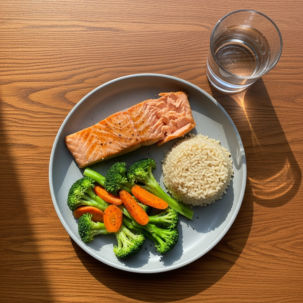 Một bữa ăn lành mạnh dành cho người bị gan nhiễm mỡ, bao gồm cá hồi nướng, bông cải xanh, cà rốt hấp và cơm gạo lứt, minh họa cho chế độ dinh dưỡng khoa học.
