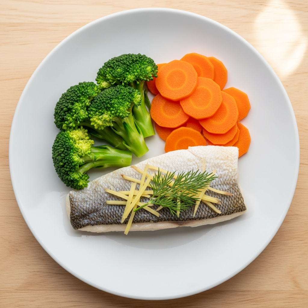 Một đĩa thức ăn lành mạnh được bày biện đẹp mắt, bao gồm cá hấp gừng, bông cải xanh và cà rốt luộc, tượng trưng cho chế độ ăn của người bệnh gan.