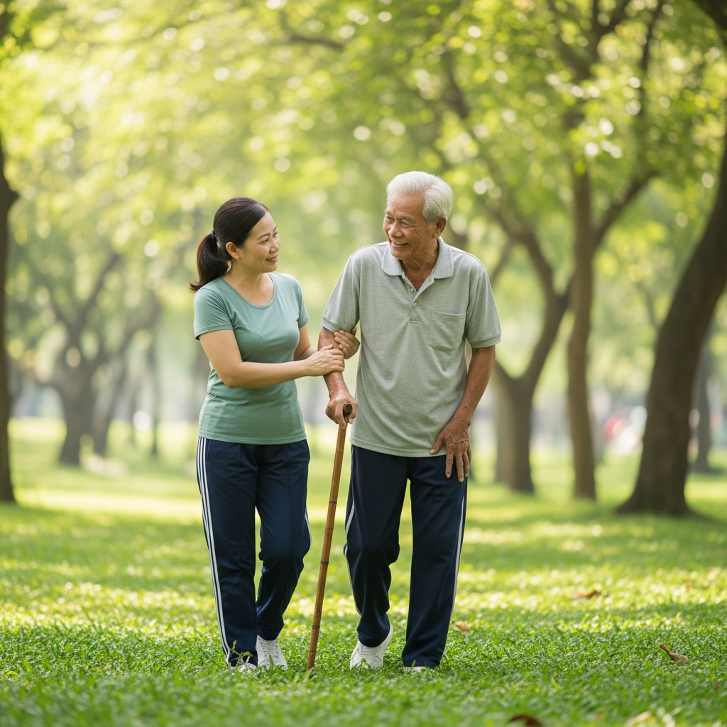 Con gái đang cùng cha già đi bộ trong công viên, thể hiện sự hỗ trợ của gia đình trong việc khuyến khích người cao tuổi bị gan nhiễm mỡ vận động.