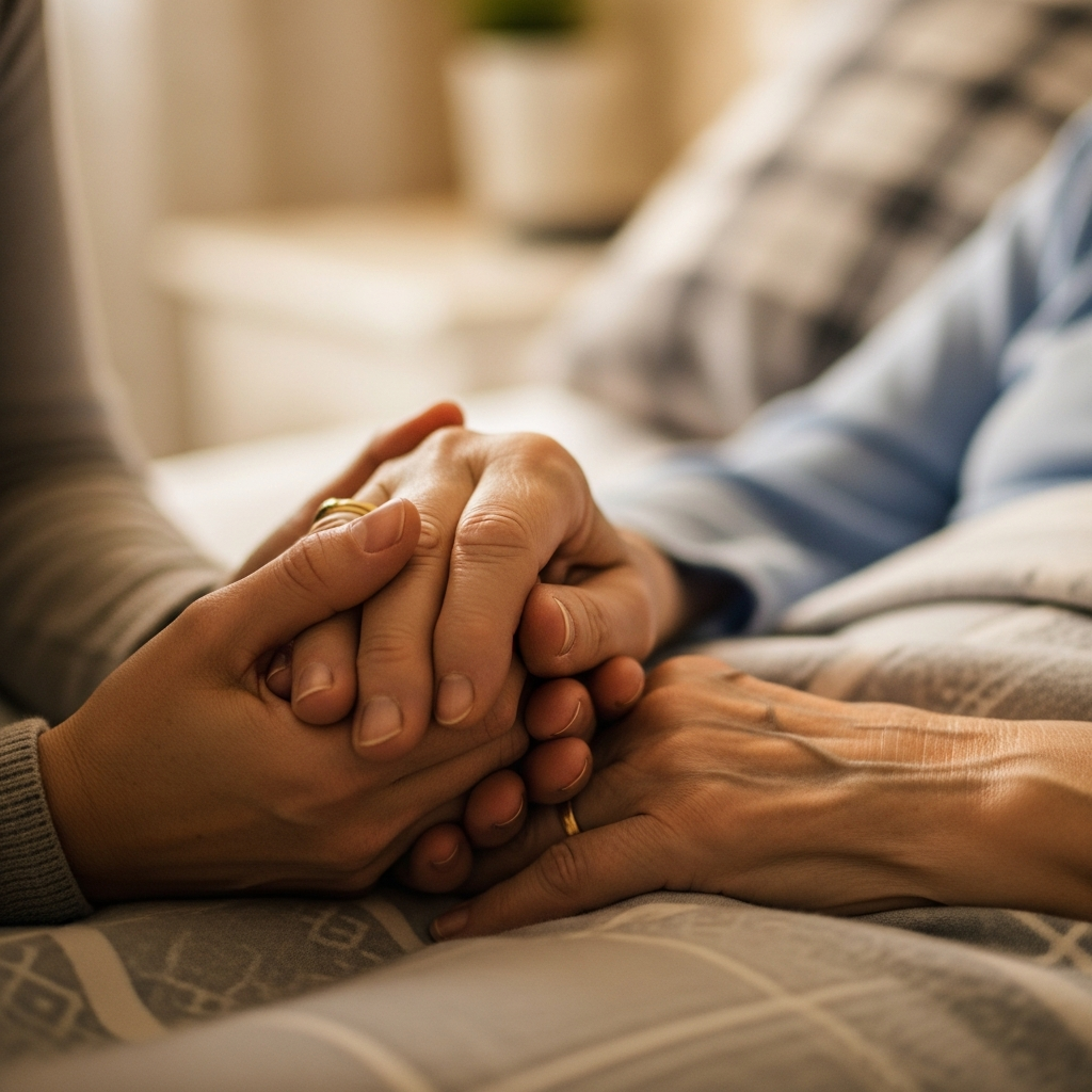 Bàn tay của một người thân đang nắm chặt tay người bệnh, thể hiện sự hỗ trợ tinh thần và đồng hành trong giai đoạn cuối.