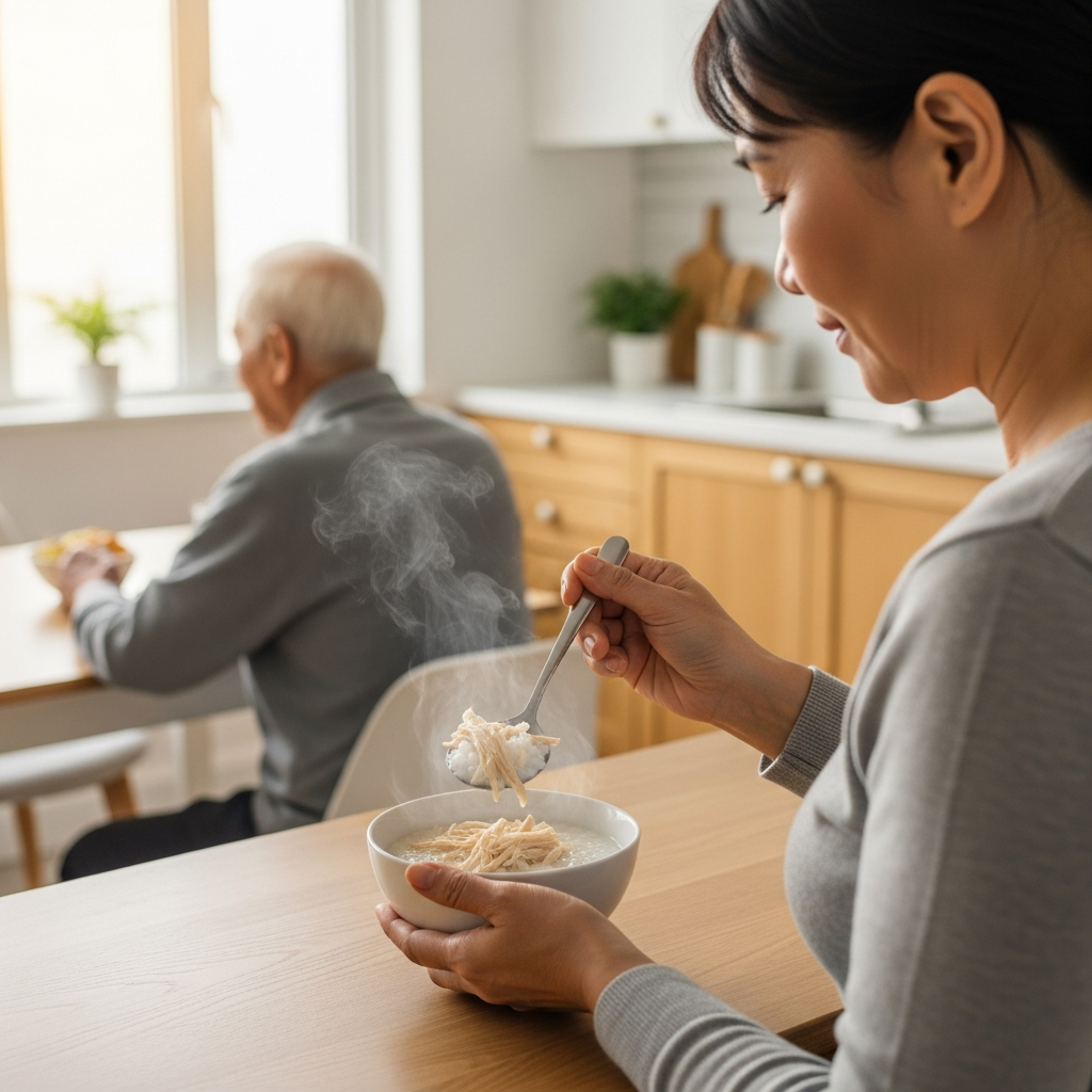 Hình ảnh một người con gái đang chuẩn bị bát cháo nóng hổi, thể hiện sự chăm sóc cho người cha già bị bệnh gan trong một căn bếp ấm cúng.