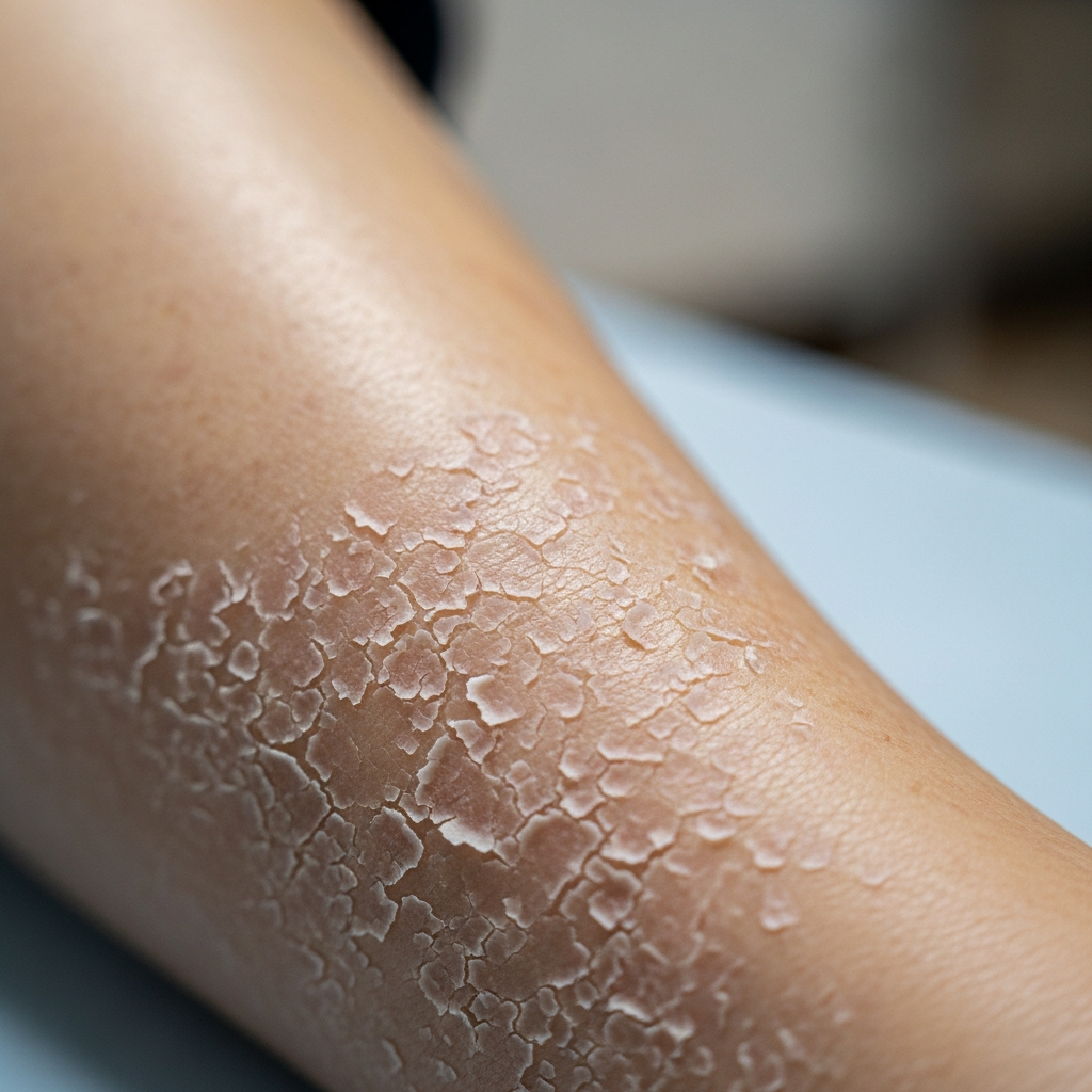 Cận cảnh làn da khô, có vảy trắng và bong tróc trên chân của một người lớn tuổi, minh họa cho triệu chứng của da khô nghiêm trọng.