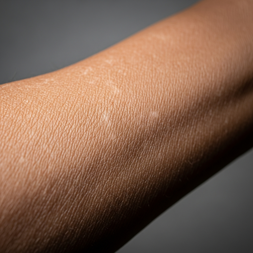 A close-up clinical photograph showing the texture of dry, flaky, and finely wrinkled skin, a condition known as xerosis cutis, on an elderly person's forearm.