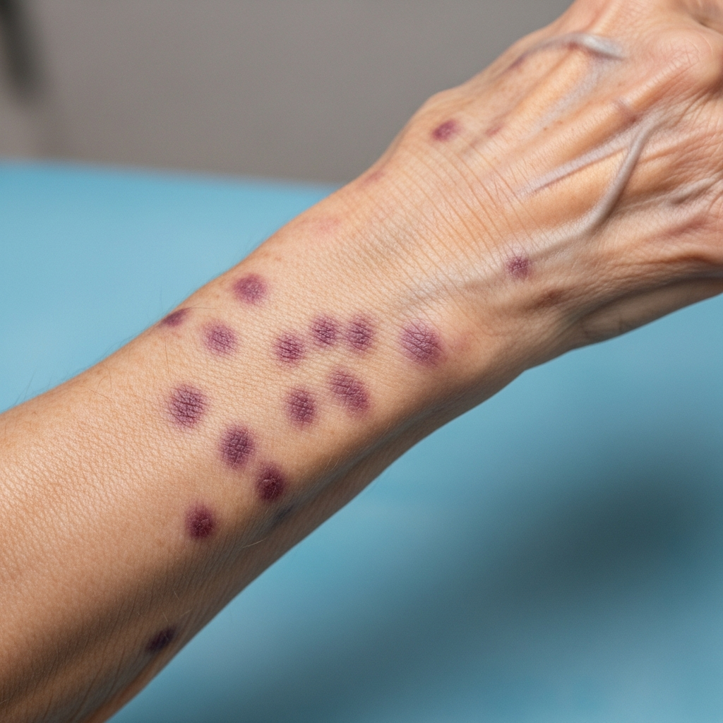 Cận cảnh các vết ban xuất huyết lão hóa điển hình trên cẳng tay và mu bàn tay của một người lớn tuổi, cho thấy các mảng bầm màu tím sẫm, không đều trên nền da mỏng.