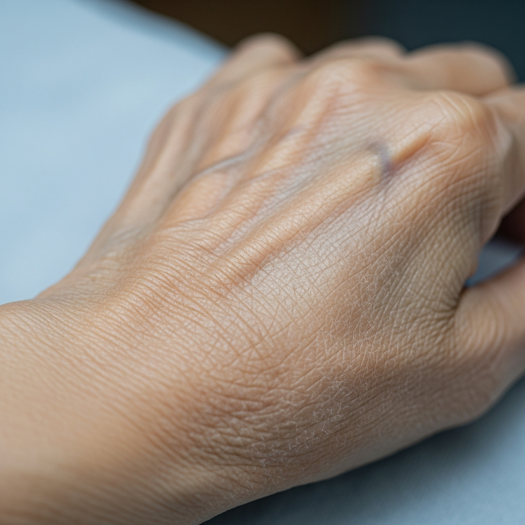 Cận cảnh vùng da bị viêm da cơ địa ở người lớn tuổi, cho thấy rõ tình trạng da dày, khô, và các đường vân da nổi rõ do gãi mạn tính.