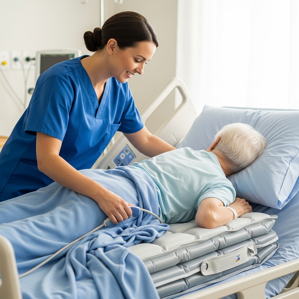 A caregiver tenderly helps an elderly patient change positions in bed on a pressure-relief mattress, demonstrating preventative care for pressure ulcers in a healthcare setting.