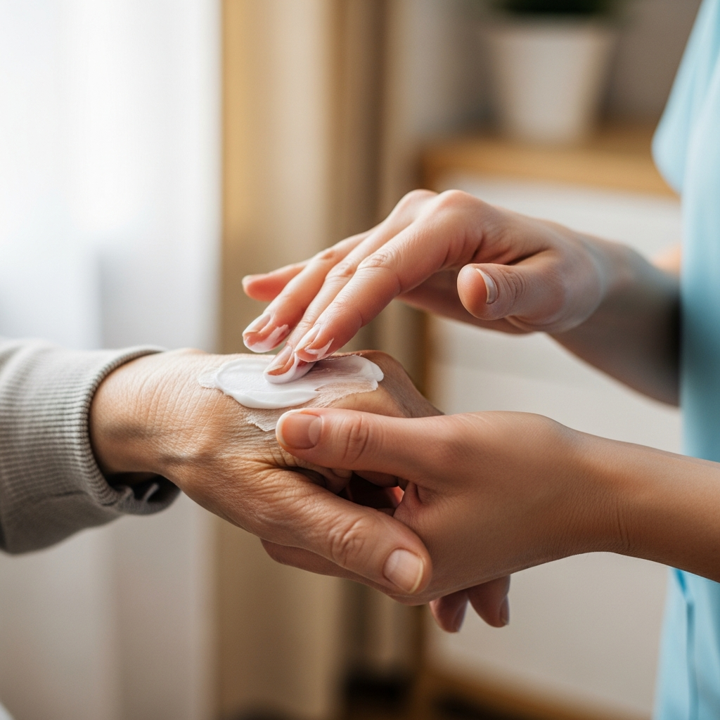 Một người chăm sóc đang nhẹ nhàng thoa một lớp kem dưỡng ẩm dày lên bàn tay khô của một người lớn tuổi, thể hiện hành động chăm sóc quan trọng nhất để điều trị da khô.