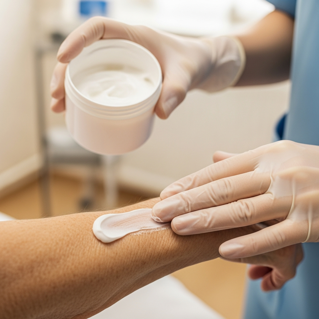 Một bác sĩ hoặc điều dưỡng đang nhẹ nhàng thoa kem dưỡng ẩm chuyên dụng lên da của bệnh nhân cao tuổi, minh họa cho bước phục hồi hàng rào bảo vệ da.