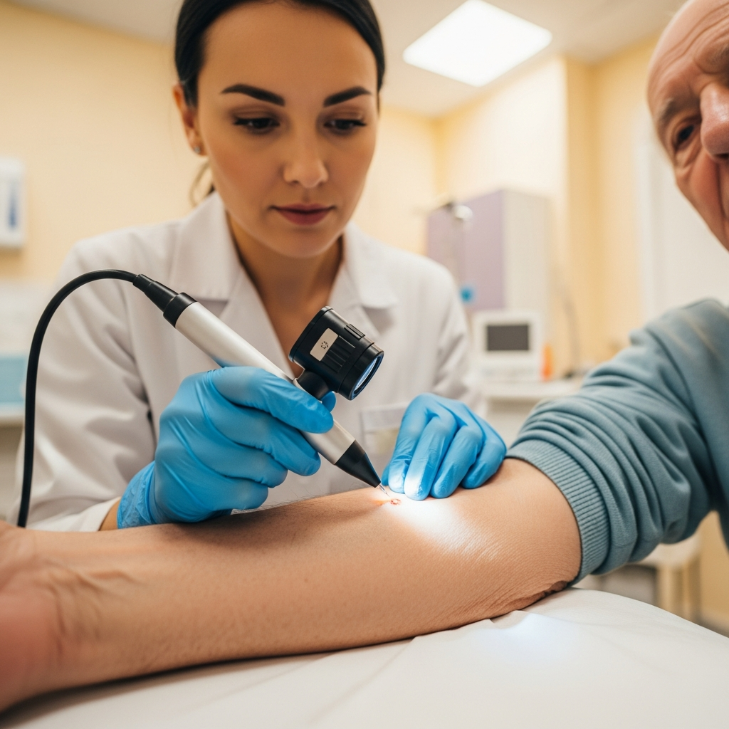 A dermatologist carefully examines an elderly patient's skin with a dermatoscope during a routine check-up for skin cancer prevention.