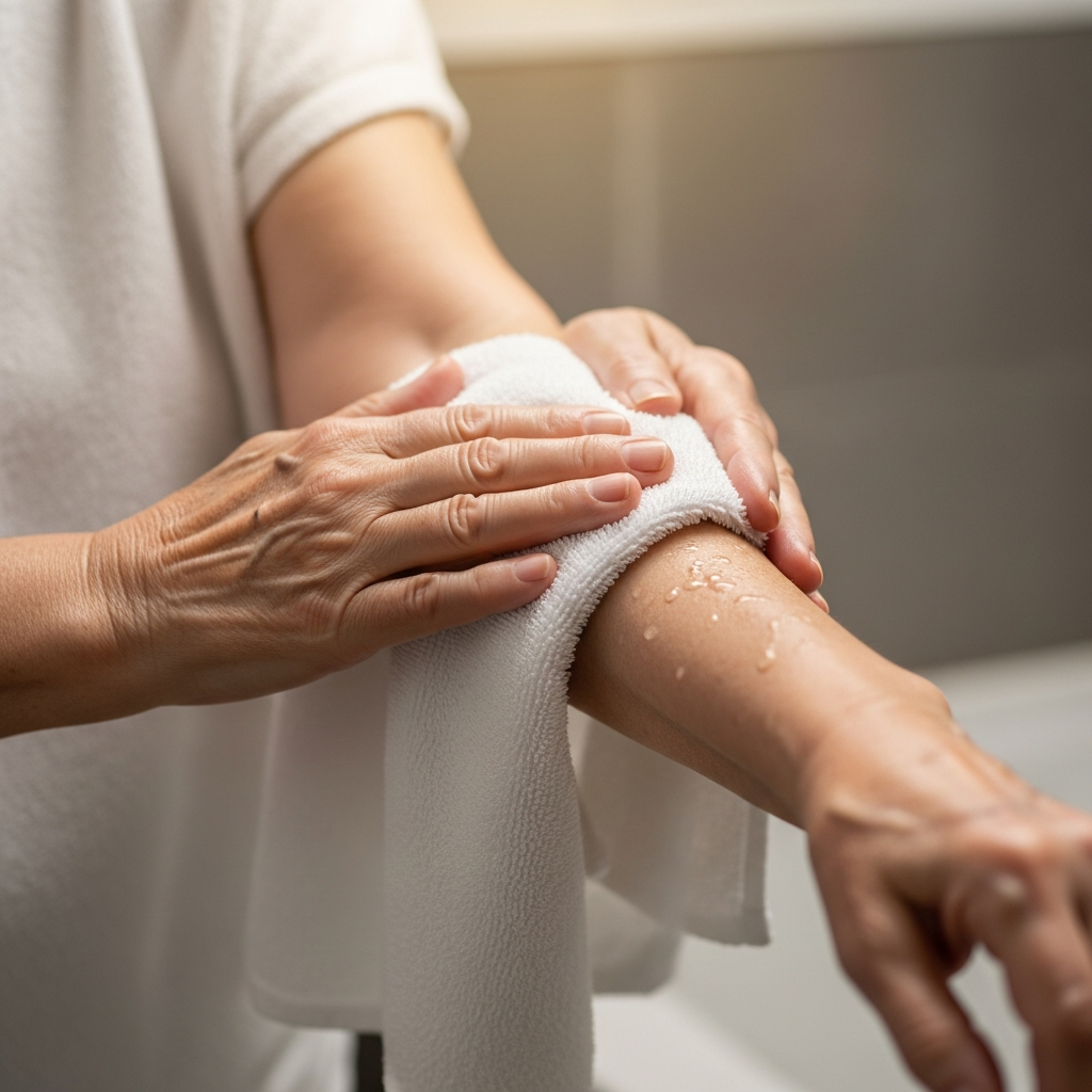 Người lớn tuổi dùng khăn bông mềm thấm nhẹ nhàng cho khô da sau khi tắm, một bước chăm sóc quan trọng tại nhà để không làm tổn thương làn da nhạy cảm.