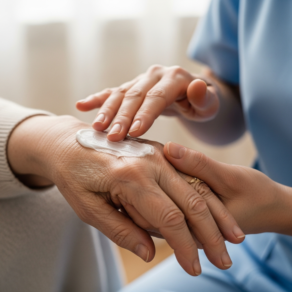 A caregiver tenderly applies a thick moisturizing cream to the hands of an elderly person, illustrating a key principle of senior skincare.
