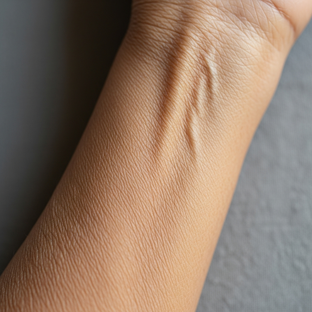 Cận cảnh làn da mỏng manh, khô và có nếp nhăn của một người cao tuổi, minh họa cho những thay đổi sinh lý của da khi lão hóa.