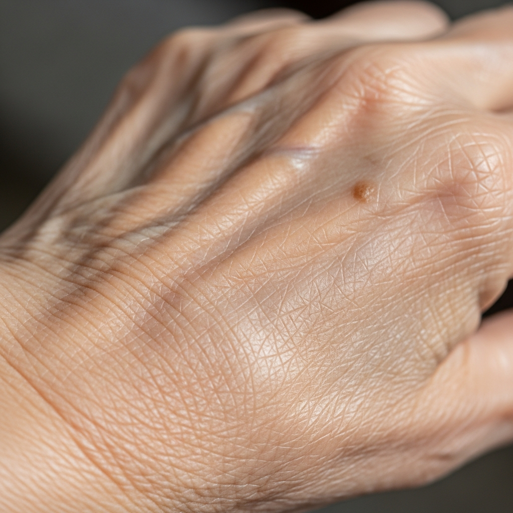 Ảnh chụp cận cảnh chi tiết bề mặt da của người lớn tuổi, cho thấy các nếp nhăn và đồi mồi, minh họa cho quá trình lão hóa da tự nhiên.