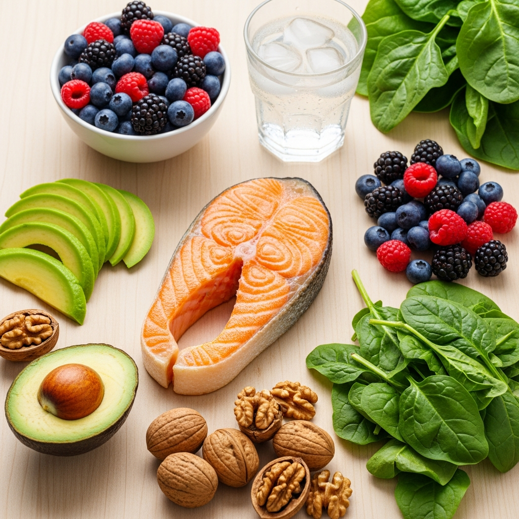 Tổng hợp các loại thực phẩm tươi ngon tốt cho da người già, bao gồm cá hồi, quả mọng, quả bơ, các loại hạt và rau xanh.