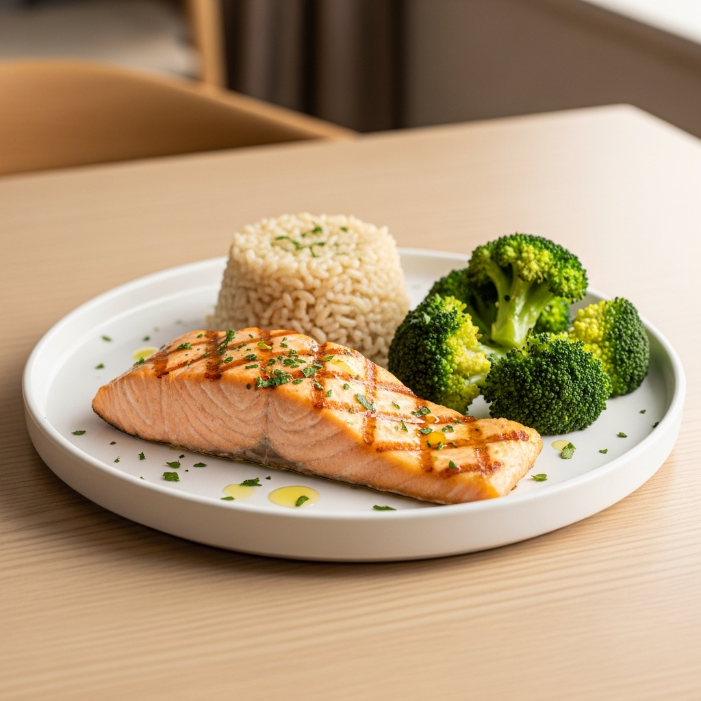 Một bữa ăn trưa mẫu lành mạnh và đẹp mắt dành cho người cao tuổi, gồm cá hồi áp chảo, cơm gạo lứt và bông cải xanh.