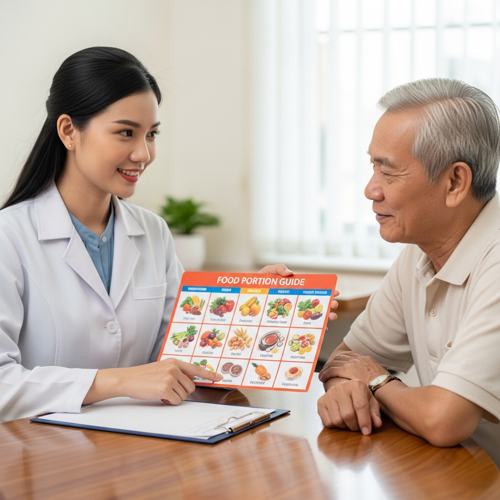 Một chuyên gia dinh dưỡng đang ân cần tư vấn về chế độ ăn uống cho một bệnh nhân cao tuổi bị suy thận, cho thấy sự quan trọng của việc chăm sóc y tế chuyên nghiệp.