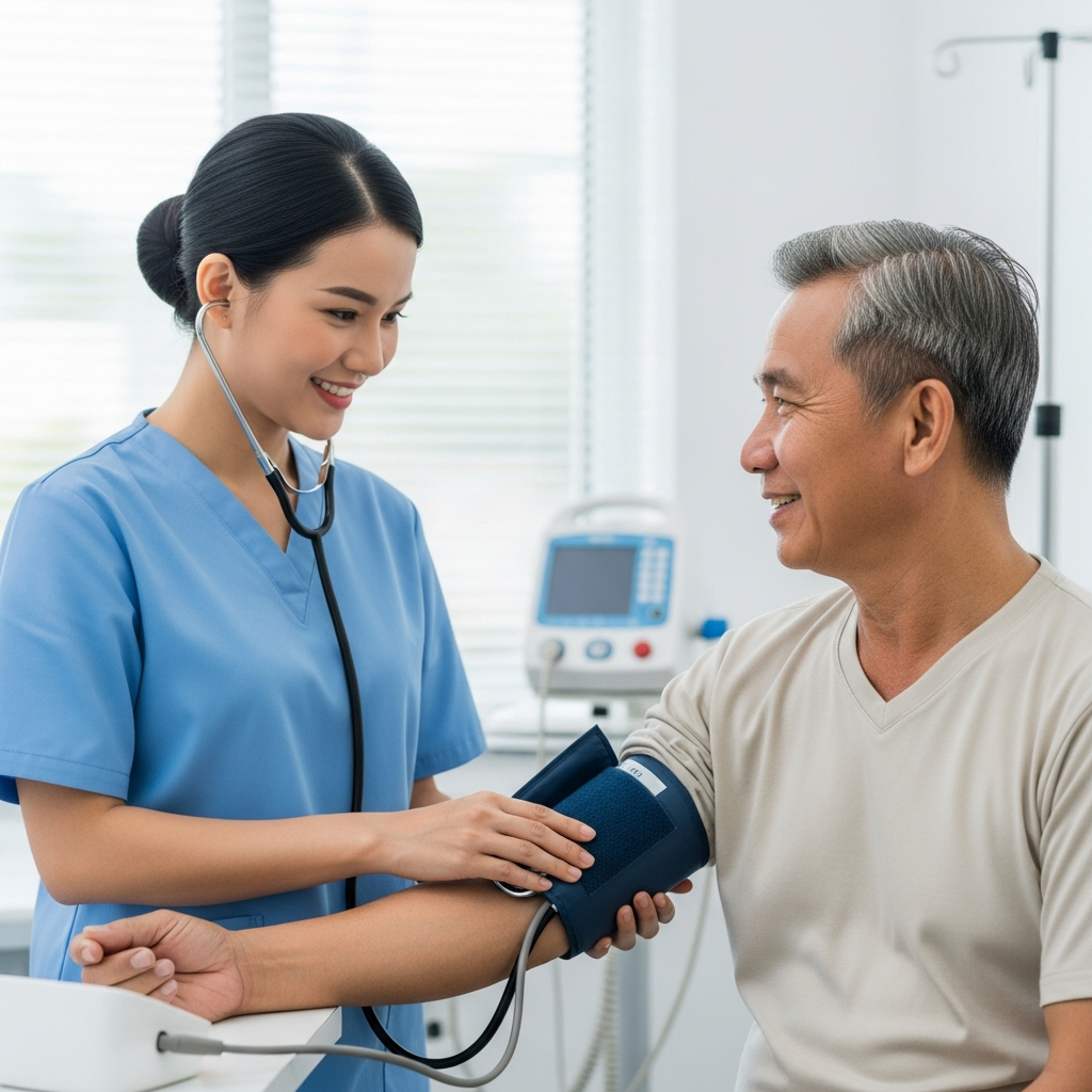 Một điều dưỡng đang đo huyết áp cho bệnh nhân cao tuổi, minh họa cho việc kiểm soát huyết áp là một cách phòng ngừa bệnh thận hiệu quả.