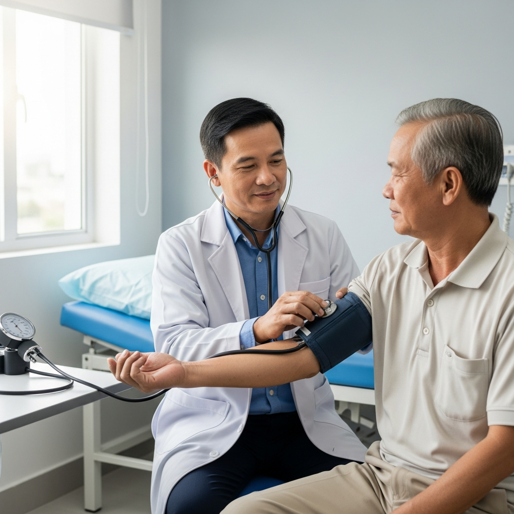 Một bác sĩ tận tình đang kiểm tra huyết áp cho một bệnh nhân nam lớn tuổi tại phòng khám, minh họa cho việc quản lý các bệnh lý mạn tính để bảo vệ sức khỏe thận.