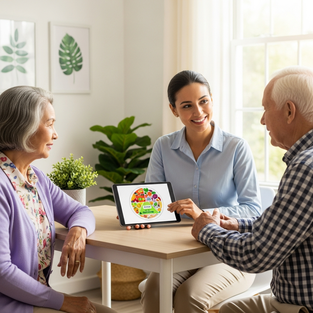 Một chuyên gia dinh dưỡng đang tư vấn tận tình về chế độ ăn uống cho một cặp vợ chồng cao tuổi, nhấn mạnh tầm quan trọng của việc quản lý triệu chứng và nâng cao chất lượng sống.